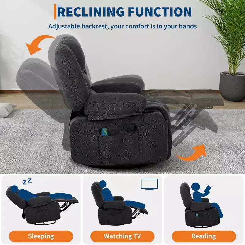 Multifunctional extra-large wide recliner, PU leather recliner, adult size, 360 swivel rocking chair, with cup holder and side pockets.