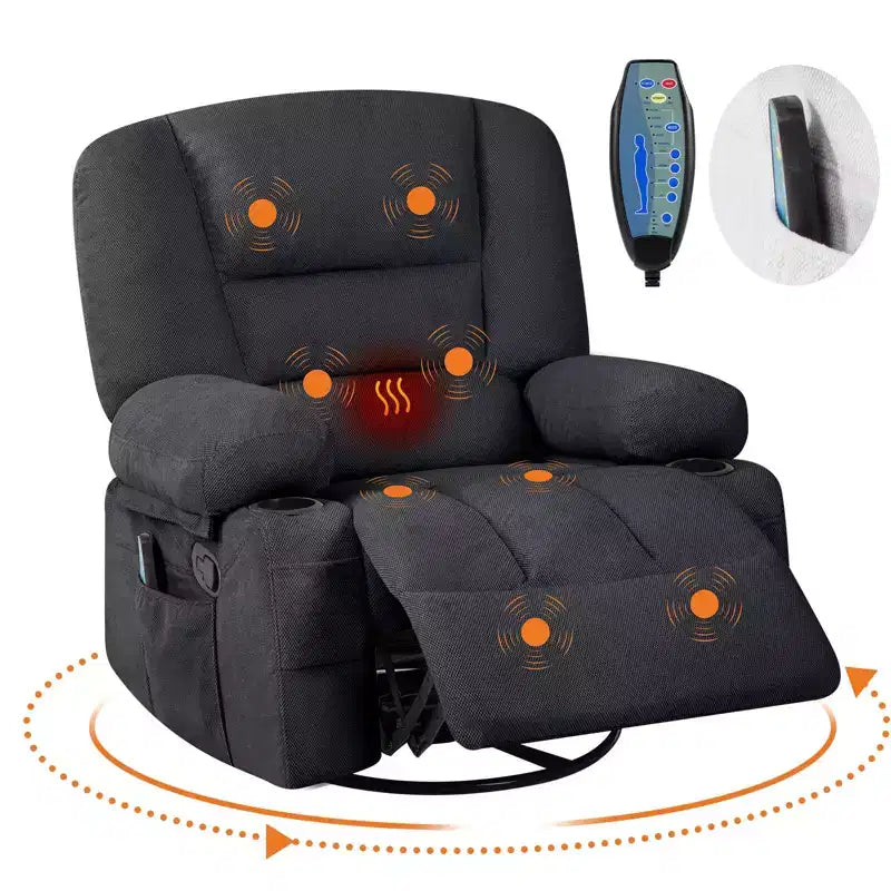 Multifunctional extra-large wide recliner, PU leather recliner, adult size, 360 swivel rocking chair, with cup holder and side pockets.