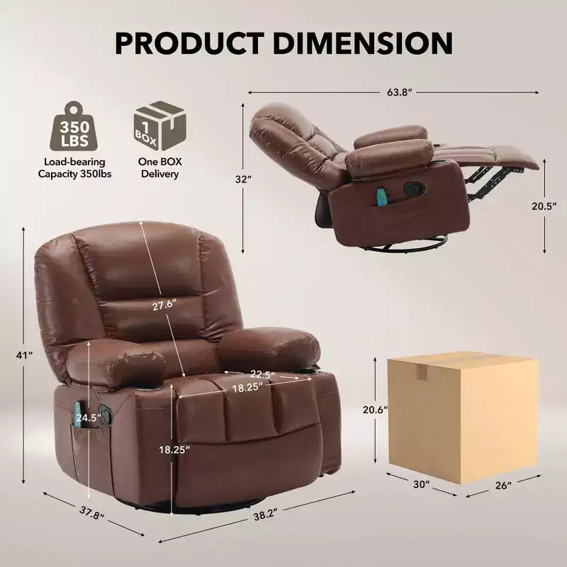 Multifunctional extra-large wide recliner, PU leather recliner, adult size, 360 swivel rocking chair, with cup holder and side pockets.
