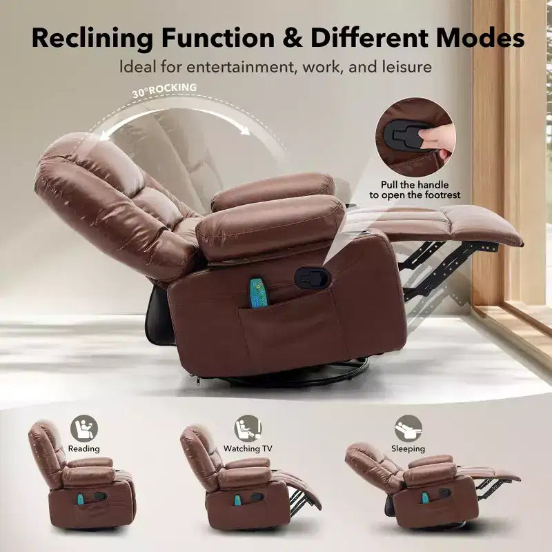 Multifunctional extra-large wide recliner, PU leather recliner, adult size, 360 swivel rocking chair, with cup holder and side pockets.