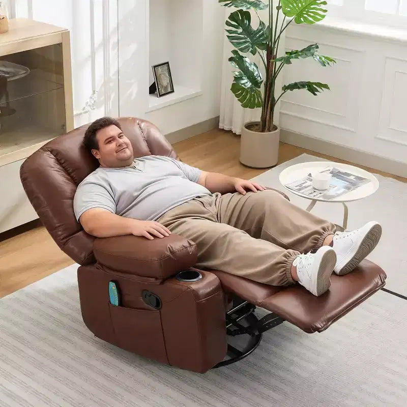 Multifunctional extra-large wide recliner, PU leather recliner, adult size, 360 swivel rocking chair, with cup holder and side pockets.