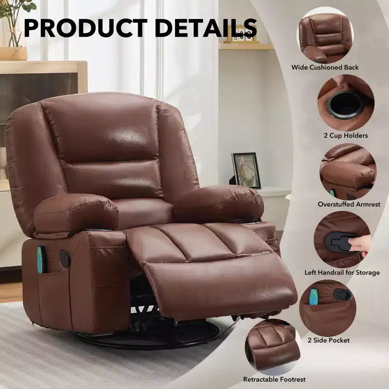 Multifunctional extra-large wide recliner, PU leather recliner, adult size, 360 swivel rocking chair, with cup holder and side pockets.