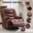 Multifunctional extra-large wide recliner, PU leather recliner, adult size, 360 swivel rocking chair, with cup holder and side pockets.