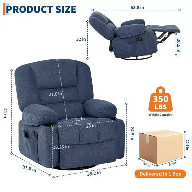 Multifunctional extra-large wide recliner, PU leather recliner, adult size, 360 swivel rocking chair, with cup holder and side pockets.