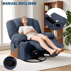 Multifunctional extra-large wide recliner, PU leather recliner, adult size, 360 swivel rocking chair, with cup holder and side pockets.
