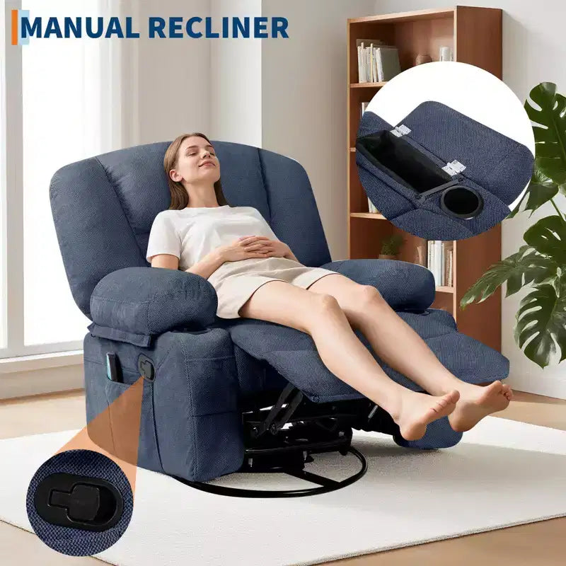 Multifunctional extra-large wide recliner, PU leather recliner, adult size, 360 swivel rocking chair, with cup holder and side pockets.