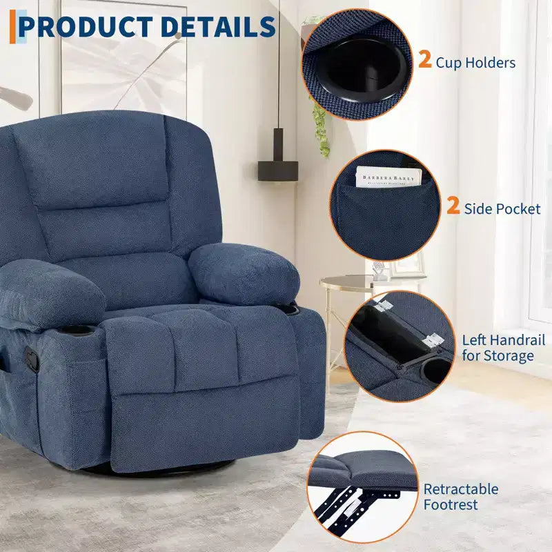 Multifunctional extra-large wide recliner, PU leather recliner, adult size, 360 swivel rocking chair, with cup holder and side pockets.