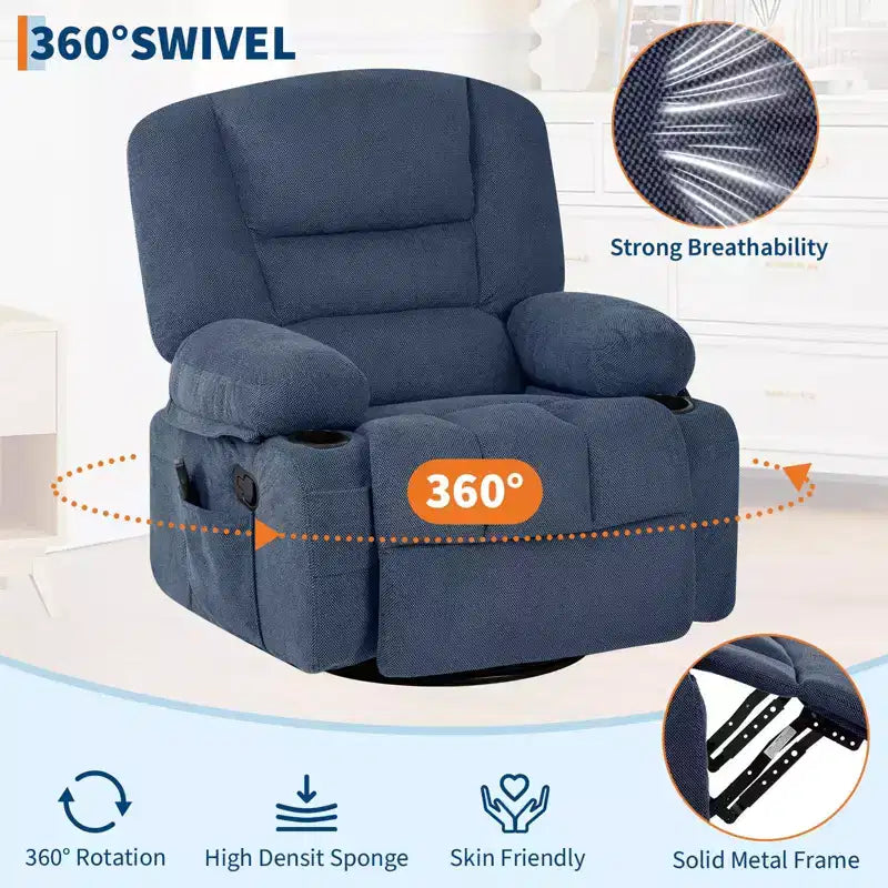 Multifunctional extra-large wide recliner, PU leather recliner, adult size, 360 swivel rocking chair, with cup holder and side pockets.