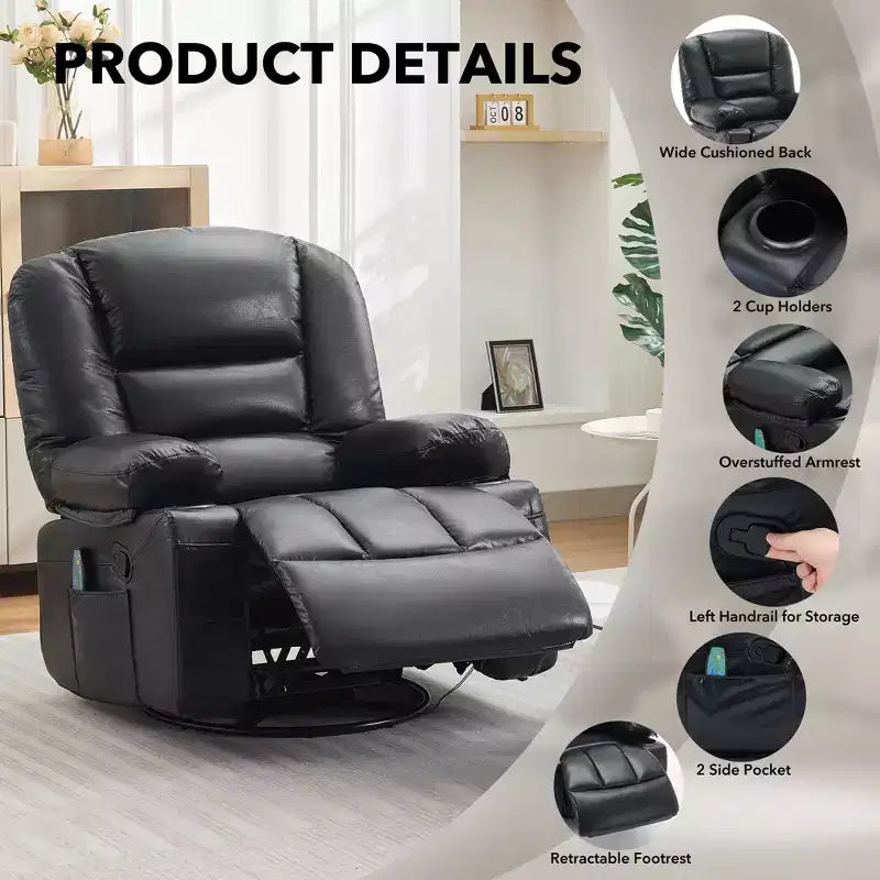Multifunctional extra-large wide recliner, PU leather recliner, adult size, 360 swivel rocking chair, with cup holder and side pockets.