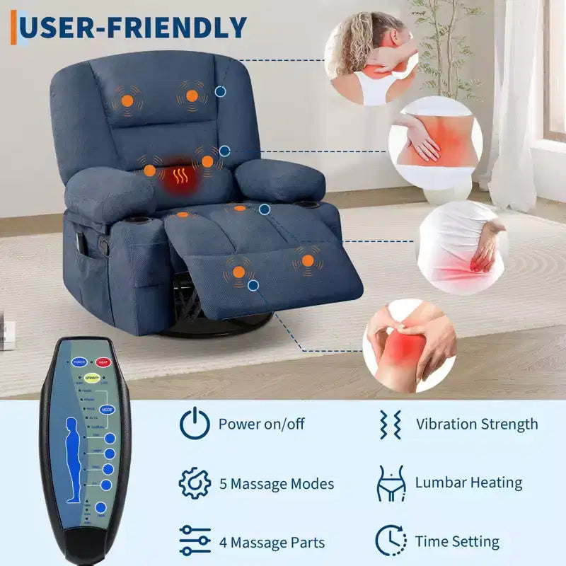 Multifunctional extra-large wide recliner, PU leather recliner, adult size, 360 swivel rocking chair, with cup holder and side pockets.