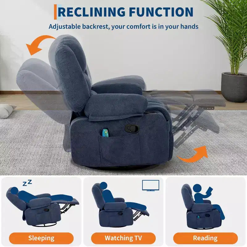 Multifunctional extra-large wide recliner, PU leather recliner, adult size, 360 swivel rocking chair, with cup holder and side pockets.