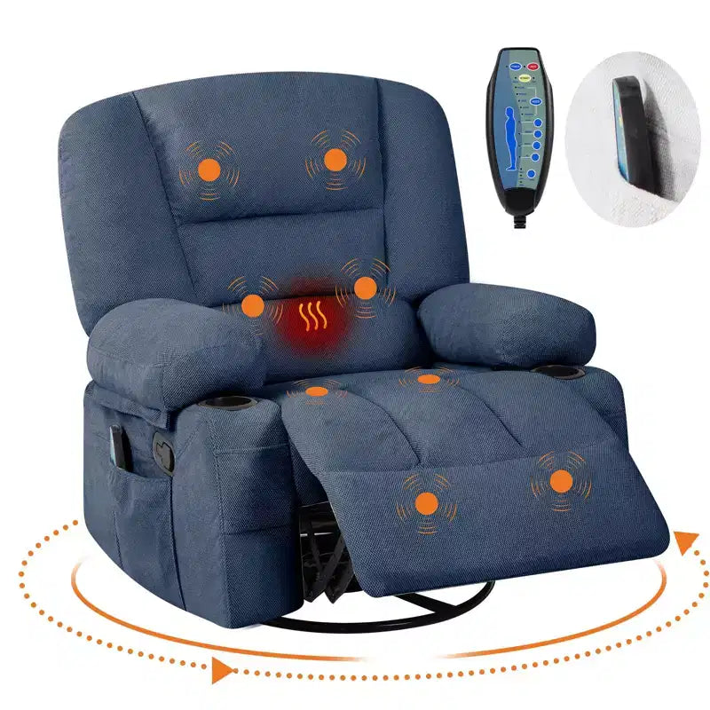 Multifunctional extra-large wide recliner, PU leather recliner, adult size, 360 swivel rocking chair, with cup holder and side pockets.