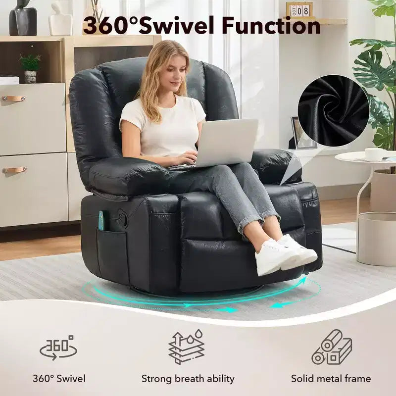 Multifunctional extra-large wide recliner, PU leather recliner, adult size, 360 swivel rocking chair, with cup holder and side pockets.