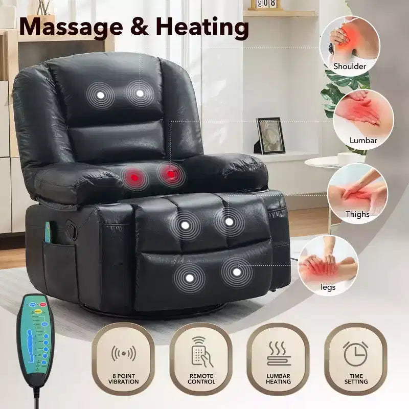 Multifunctional extra-large wide recliner, PU leather recliner, adult size, 360 swivel rocking chair, with cup holder and side pockets.