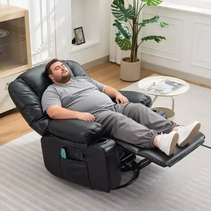 Multifunctional extra-large wide recliner, PU leather recliner, adult size, 360 swivel rocking chair, with cup holder and side pockets.