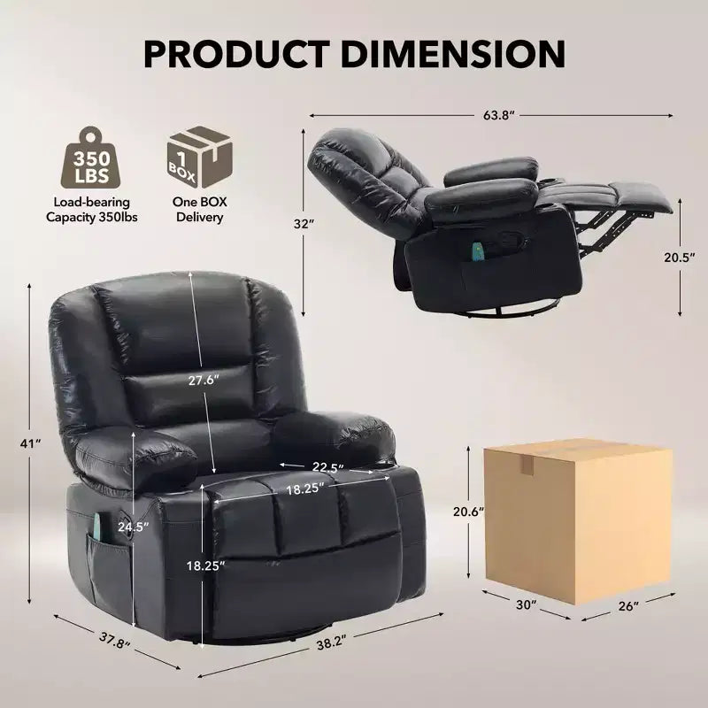 Multifunctional extra-large wide recliner, PU leather recliner, adult size, 360 swivel rocking chair, with cup holder and side pockets.