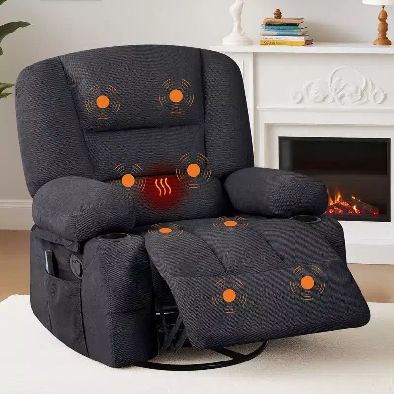 Multifunctional extra-large wide recliner, PU leather recliner, adult size, 360 swivel rocking chair, with cup holder and side pockets.