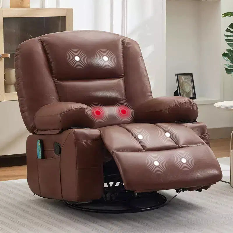 Multifunctional extra-large wide recliner, PU leather recliner, adult size, 360 swivel rocking chair, with cup holder and side pockets.