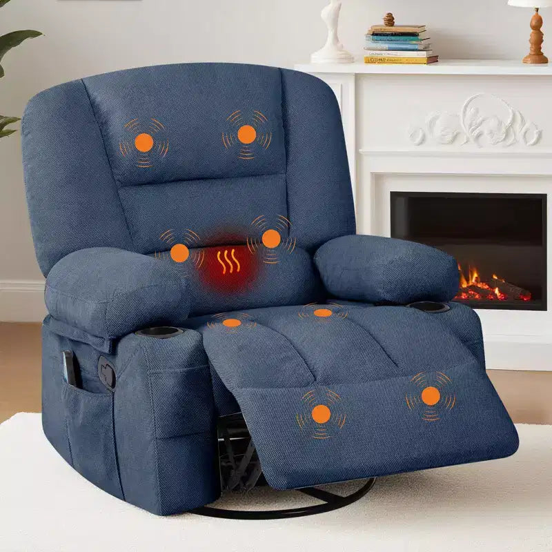 Multifunctional extra-large wide recliner, PU leather recliner, adult size, 360 swivel rocking chair, with cup holder and side pockets.