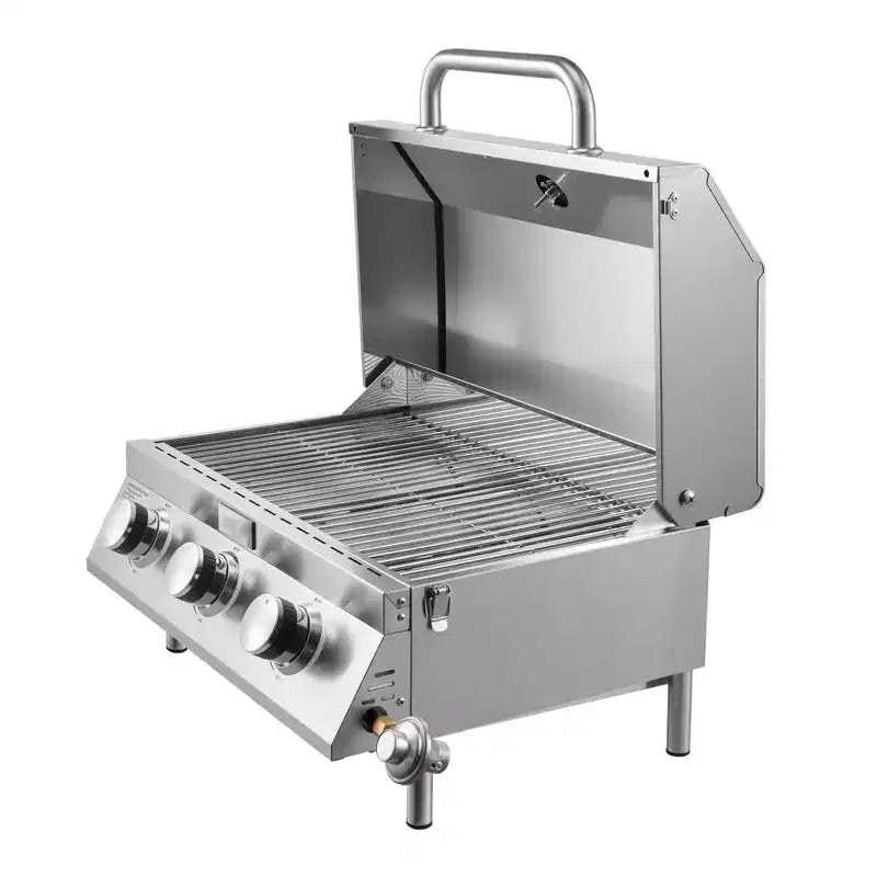 VEVOR Tabletop Gas Grill, 3-Burner Stainless Steel Portable Propane Grill, with Built-in Thermometer, Weatherproof Lid, 22,500 BTU Total, Silver