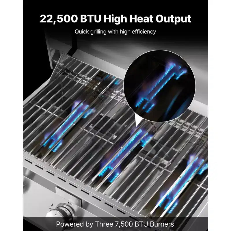 Barbecue de table à gaz VEVOR, barbecue portable au propane à 3 brûleurs en acier inoxydable, avec thermomètre intégré, couvercle résistant aux intempéries, 22 500 BTU au total, argent