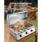 Barbecue de table à gaz VEVOR, barbecue portable au propane à 3 brûleurs en acier inoxydable, avec thermomètre intégré, couvercle résistant aux intempéries, 22 500 BTU au total, argent