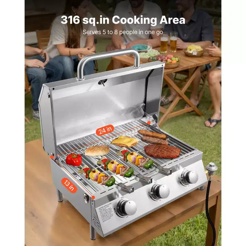 Barbecue de table à gaz VEVOR, barbecue portable au propane à 3 brûleurs en acier inoxydable, avec thermomètre intégré, couvercle résistant aux intempéries, 22 500 BTU au total, argent