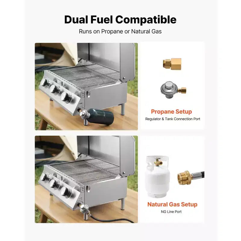 Barbecue de table à gaz VEVOR, barbecue portable au propane à 3 brûleurs en acier inoxydable, avec thermomètre intégré, couvercle résistant aux intempéries, 22 500 BTU au total, argent
