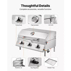 Barbecue de table à gaz VEVOR, barbecue portable au propane à 3 brûleurs en acier inoxydable, avec thermomètre intégré, couvercle résistant aux intempéries, 22 500 BTU au total, argent