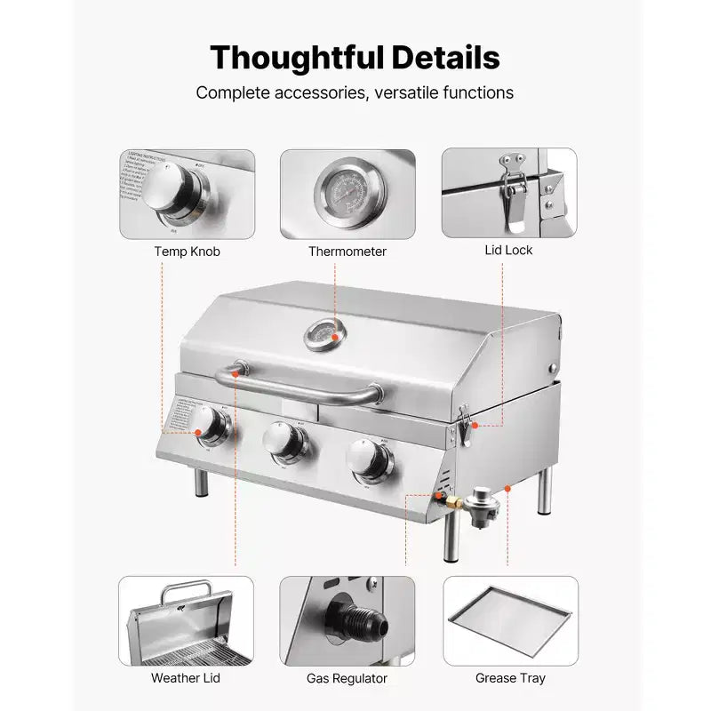 Barbecue de table à gaz VEVOR, barbecue portable au propane à 3 brûleurs en acier inoxydable, avec thermomètre intégré, couvercle résistant aux intempéries, 22 500 BTU au total, argent