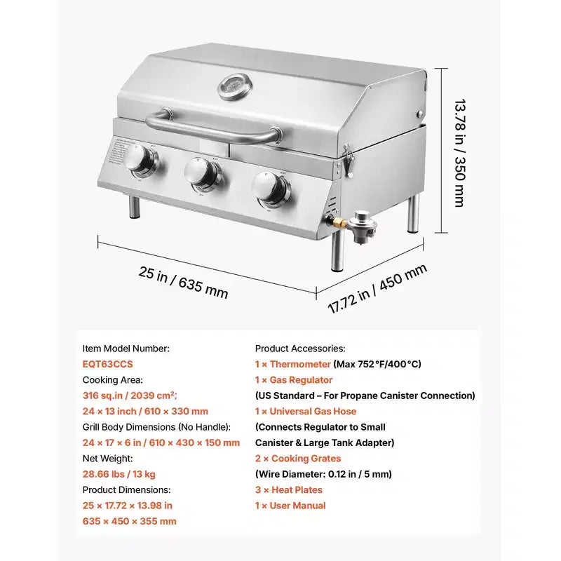 Barbecue de table à gaz VEVOR, barbecue portable au propane à 3 brûleurs en acier inoxydable, avec thermomètre intégré, couvercle résistant aux intempéries, 22 500 BTU au total, argent