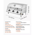 Barbecue de table à gaz VEVOR, barbecue portable au propane à 3 brûleurs en acier inoxydable, avec thermomètre intégré, couvercle résistant aux intempéries, 22 500 BTU au total, argent
