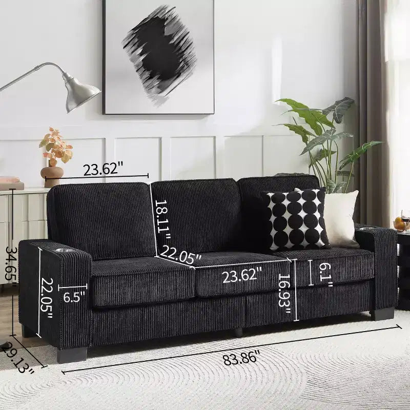 83 Corduroy Three-Seat Sofa with Cup Holders, Plush Modern Cloud Couch for Living Rooms, Compact Apartments, and Office Spaces-Panipeachy