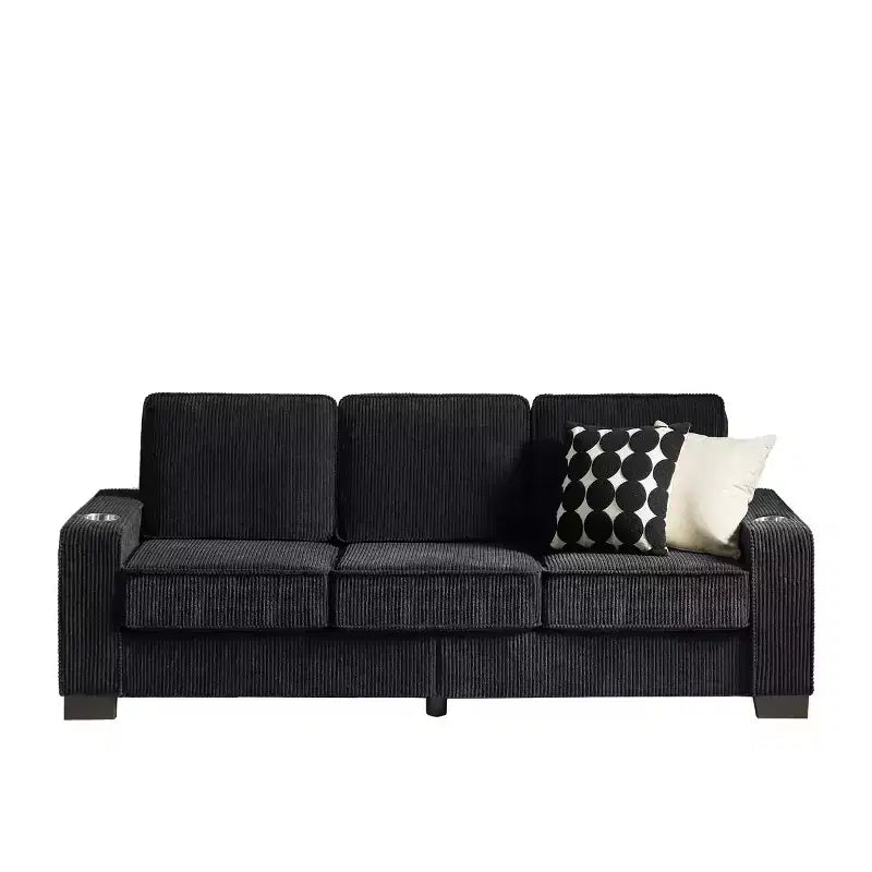 83 Corduroy Three-Seat Sofa with Cup Holders, Plush Modern Cloud Couch for Living Rooms, Compact Apartments, and Office Spaces-Panipeachy