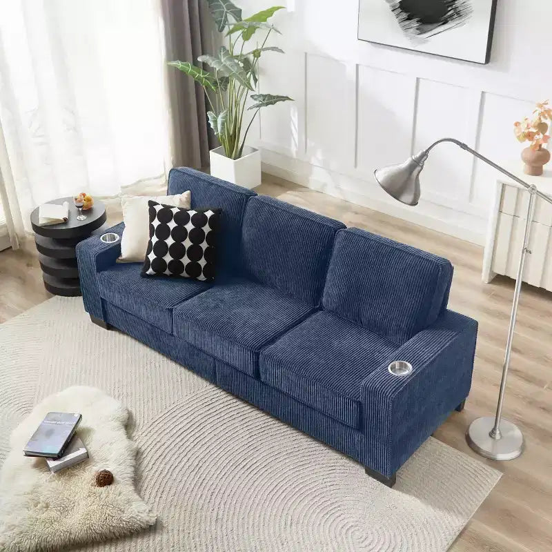 83 Corduroy Three-Seat Sofa with Cup Holders, Plush Modern Cloud Couch for Living Rooms, Compact Apartments, and Office Spaces-Panipeachy