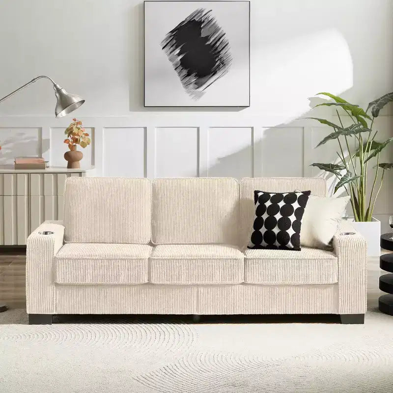 83 Corduroy Three-Seat Sofa with Cup Holders, Plush Modern Cloud Couch for Living Rooms, Compact Apartments, and Office Spaces-Panipeachy