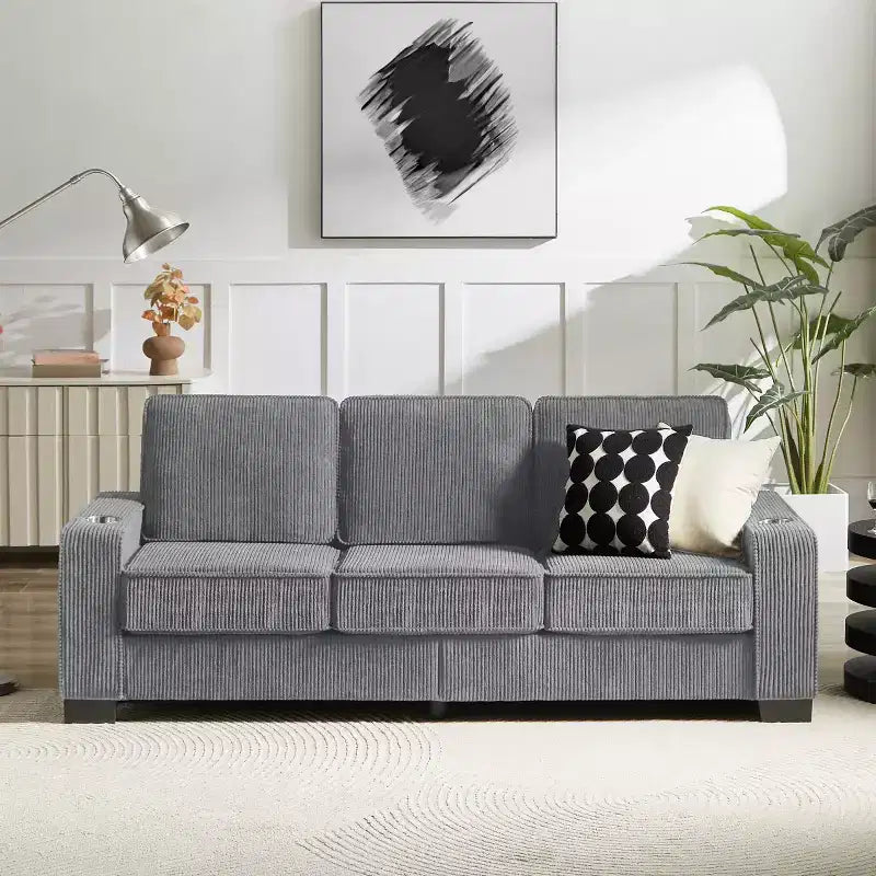 83 Corduroy Three-Seat Sofa with Cup Holders, Plush Modern Cloud Couch for Living Rooms, Compact Apartments, and Office Spaces-Panipeachy