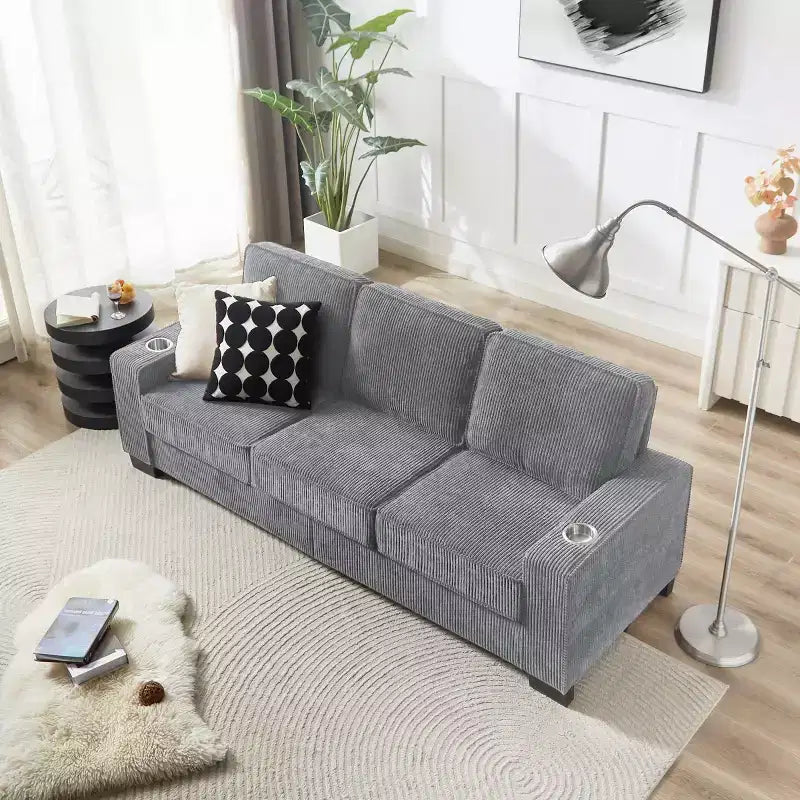83 Corduroy Three-Seat Sofa with Cup Holders, Plush Modern Cloud Couch for Living Rooms, Compact Apartments, and Office Spaces-Panipeachy