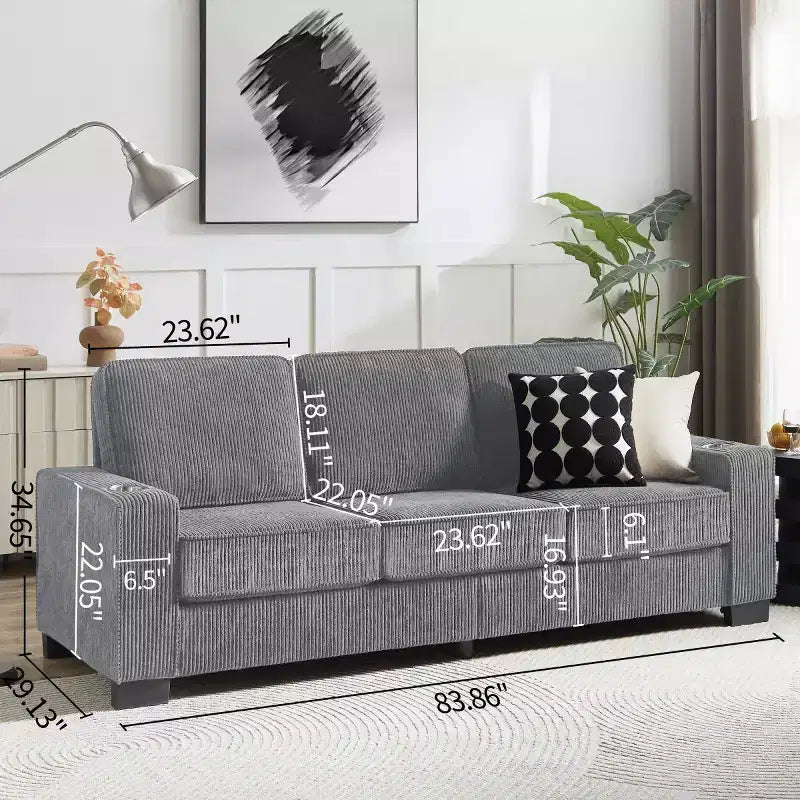 83 Corduroy Three-Seat Sofa with Cup Holders, Plush Modern Cloud Couch for Living Rooms, Compact Apartments, and Office Spaces-Panipeachy