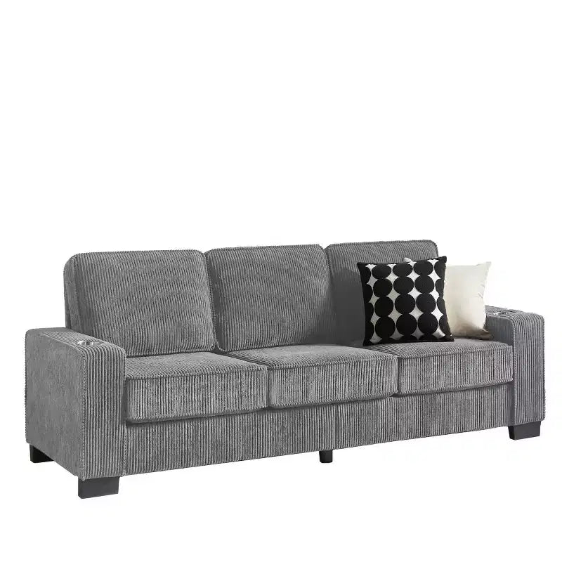 83 Corduroy Three-Seat Sofa with Cup Holders, Plush Modern Cloud Couch for Living Rooms, Compact Apartments, and Office Spaces-Panipeachy