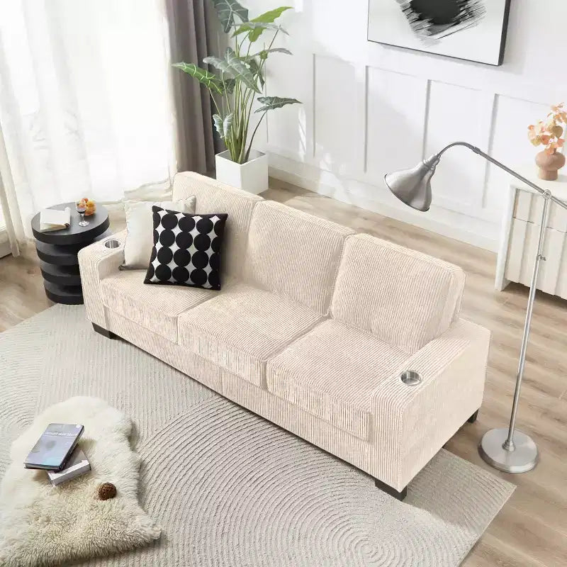 83 Corduroy Three-Seat Sofa with Cup Holders, Plush Modern Cloud Couch for Living Rooms, Compact Apartments, and Office Spaces-Panipeachy