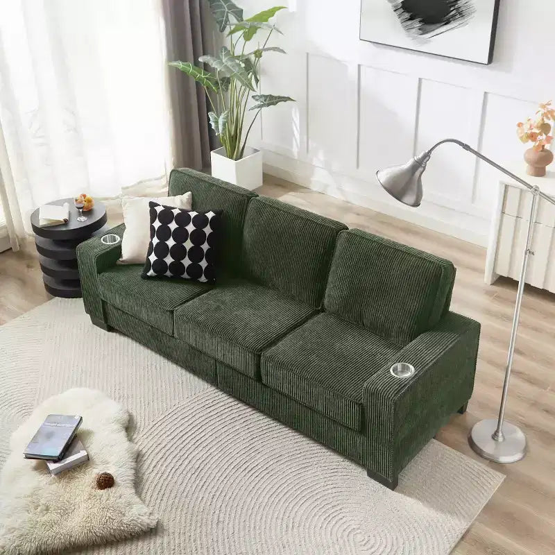 83 Corduroy Three-Seat Sofa with Cup Holders, Plush Modern Cloud Couch for Living Rooms, Compact Apartments, and Office Spaces-Panipeachy