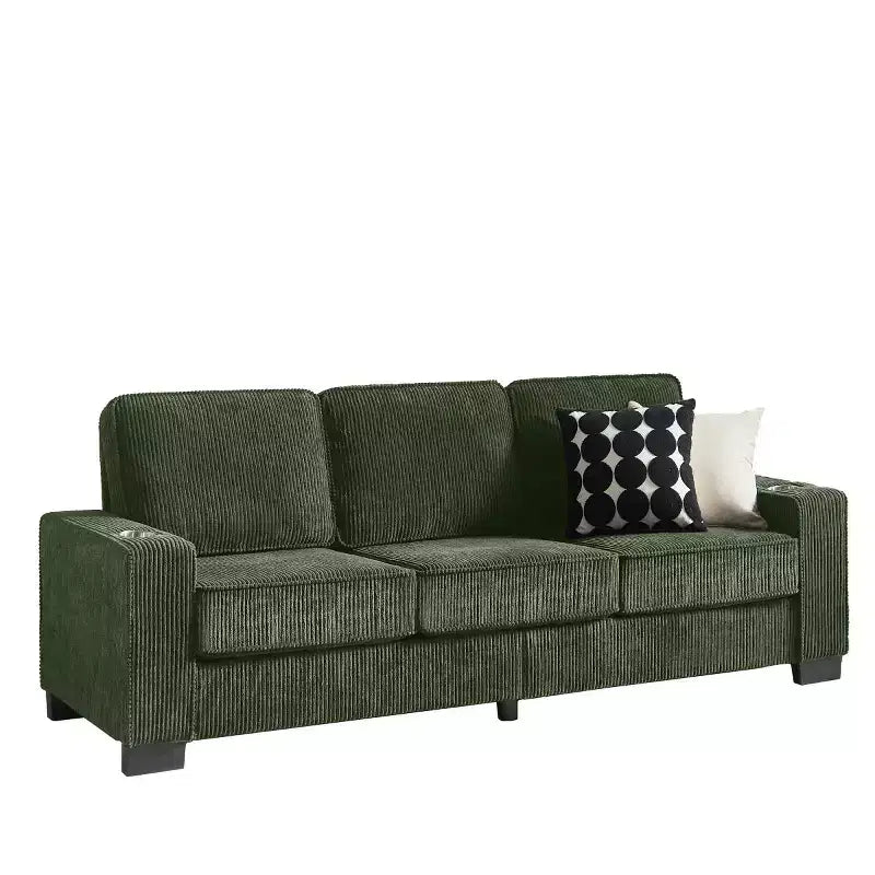 83 Corduroy Three-Seat Sofa with Cup Holders, Plush Modern Cloud Couch for Living Rooms, Compact Apartments, and Office Spaces-Panipeachy