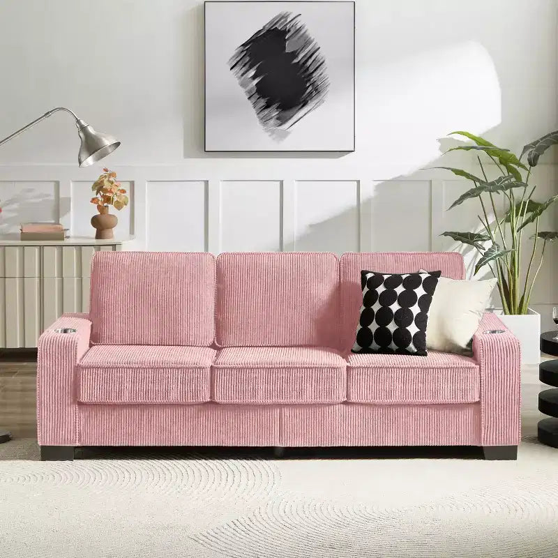 83 Corduroy Three-Seat Sofa with Cup Holders, Plush Modern Cloud Couch for Living Rooms, Compact Apartments, and Office Spaces-Panipeachy