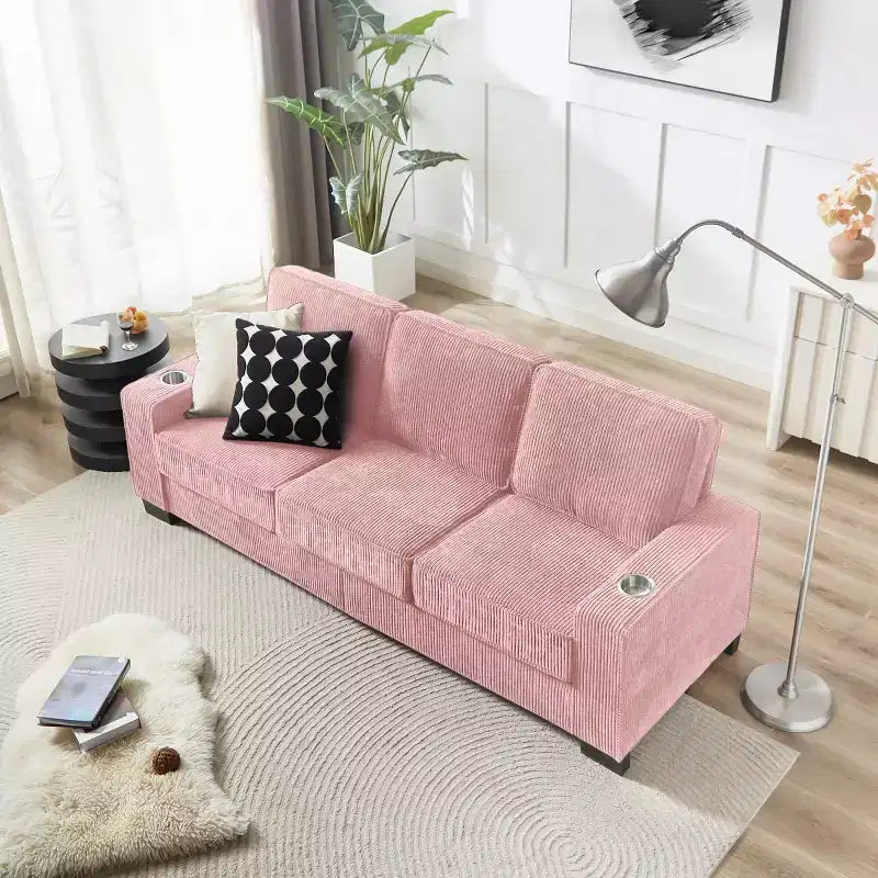 83 Corduroy Three-Seat Sofa with Cup Holders, Plush Modern Cloud Couch for Living Rooms, Compact Apartments, and Office Spaces-Panipeachy