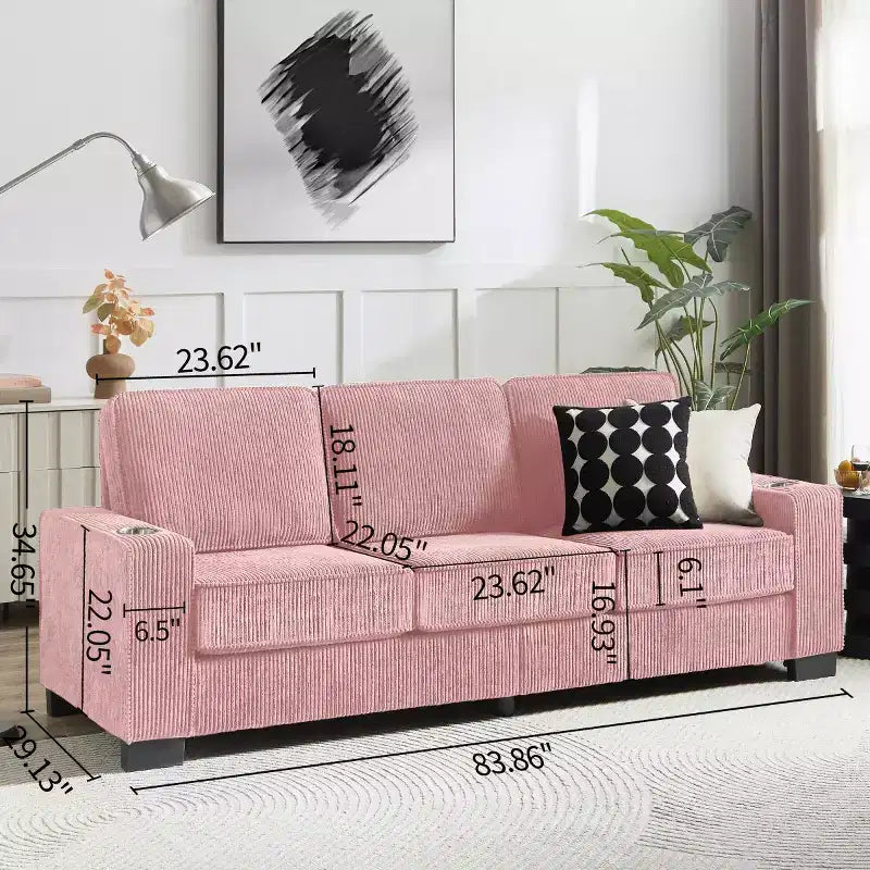 83 Corduroy Three-Seat Sofa with Cup Holders, Plush Modern Cloud Couch for Living Rooms, Compact Apartments, and Office Spaces-Panipeachy