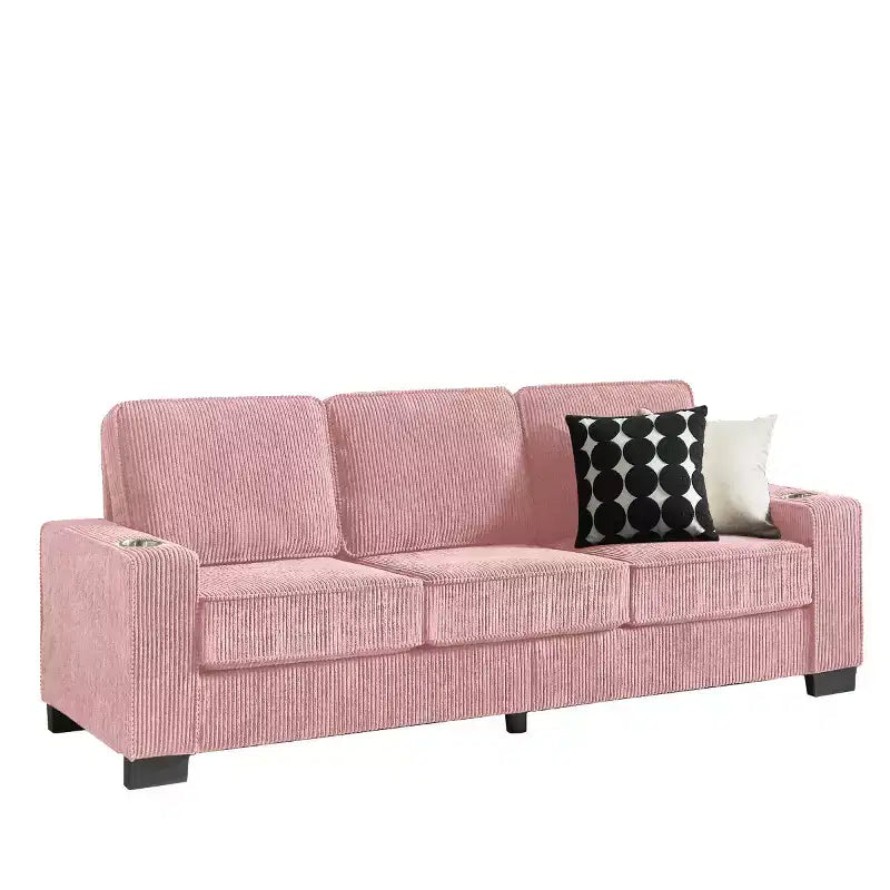 83 Corduroy Three-Seat Sofa with Cup Holders, Plush Modern Cloud Couch for Living Rooms, Compact Apartments, and Office Spaces-Panipeachy