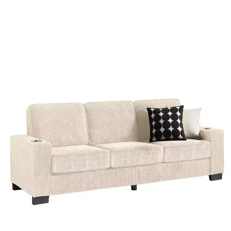 83 Corduroy Three-Seat Sofa with Cup Holders, Plush Modern Cloud Couch for Living Rooms, Compact Apartments, and Office Spaces-Panipeachy