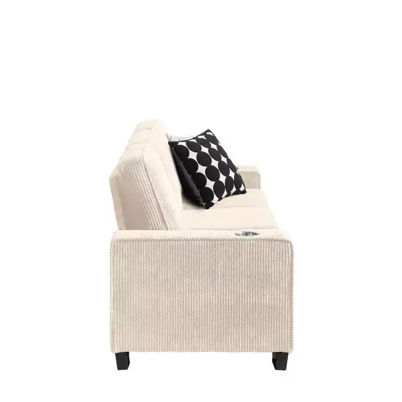 83 Corduroy Three-Seat Sofa with Cup Holders, Plush Modern Cloud Couch for Living Rooms, Compact Apartments, and Office Spaces-Panipeachy
