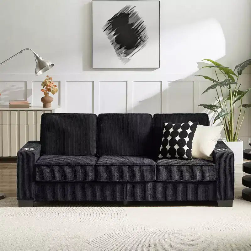 83 Corduroy Three-Seat Sofa with Cup Holders, Plush Modern Cloud Couch for Living Rooms, Compact Apartments, and Office Spaces-Panipeachy